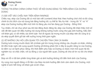 Dương Domic lên tiếng bài đăng là lối chơi chữ của ekip và nhận thấy hiểu lầm nên đã xóa bài đăng.